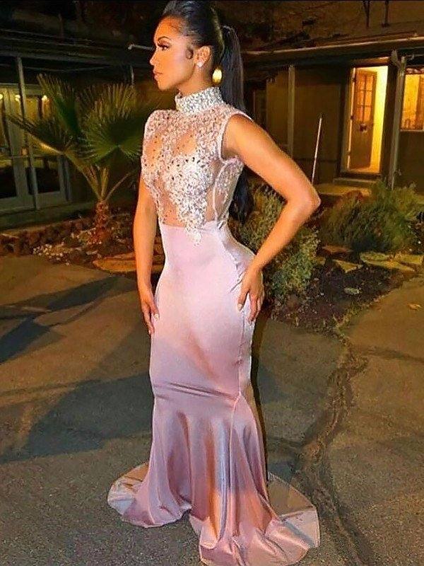 Trumpet/Mermaid High Neck Sweep/Brush Train Sleeveless Silk like Satin Lace Dresses - RongMoon
