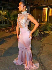 Trumpet/Mermaid High Neck Sweep/Brush Train Sleeveless Silk like Satin Lace Dresses - RongMoon