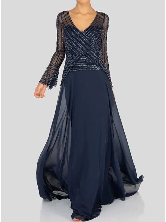 A-Line Mother of the Bride Dress Elegant V Neck Floor Length Chiffon Long Sleeve with Sequin - RongMoon