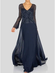 A-Line Mother of the Bride Dress Elegant V Neck Floor Length Chiffon Long Sleeve with Sequin - RongMoon