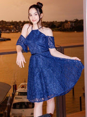 A-Line/Princess Lace Ruffles Halter Short Sleeves Knee-Length Flower Girl Dresses - RongMoon