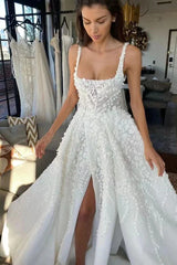 Lace Appliques A Line Straps Long Wedding Dress With Slit