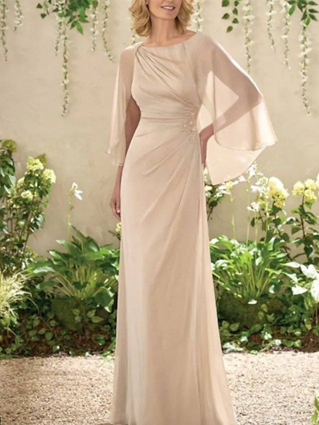Sheath / Column Mother of the Bride Dress Elegant Jewel Neck Floor Length Chiffon Short Sleeve with Sash / Ribbon Ruching - RongMoon
