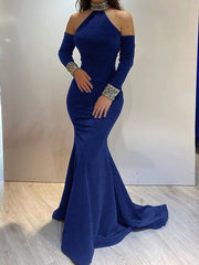 Mermaid / Trumpet Elegant Engagement Formal Evening Dress High Neck Long Sleeve Sweep / Brush Train Satin with Sequin - RongMoon