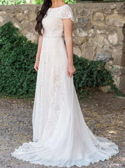 Short Sleeve Chic A Line Lace Beach Wedding Dress
