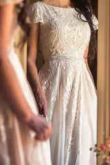 Short Sleeve Chic A Line Lace Beach Wedding Dress