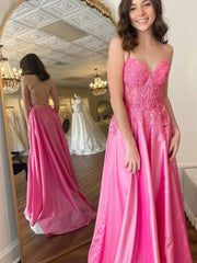 Backless Tulle Blue Floral V Neck Appliques Prom Dess