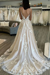 Champagne Appliques A Line V Neck Tulle Wedding Dress