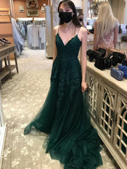 Backless Tulle A Line V Neck Dark Green Long Prom Dress
