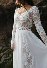 V Neck Long Sleeves Lace Beach Sheer Wedding Dress