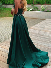 A Line V Neck Open Back Green Beading Slit Prom Dress