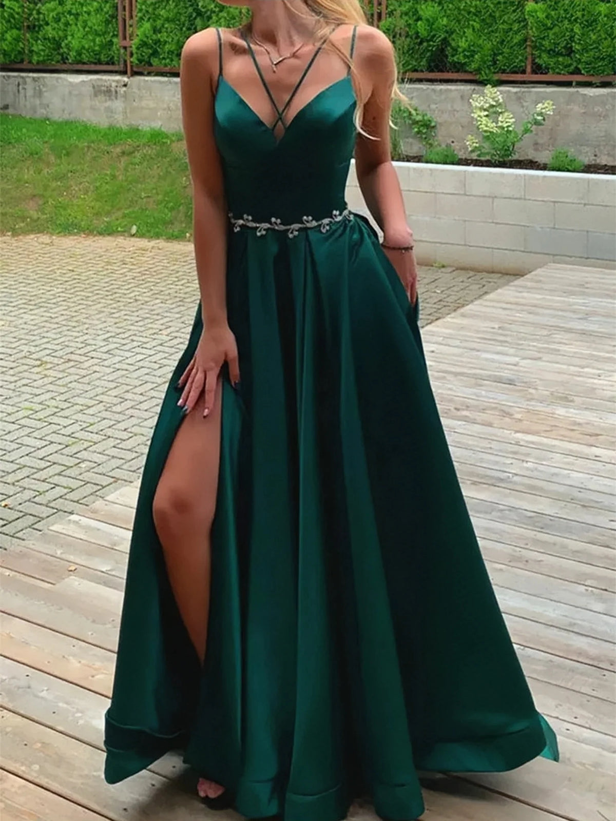 A Line V Neck Open Back Green Beading Slit Prom Dress