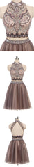 Two Pieces Gorgeous Beading High Neck Open Back Sleeveless Light Brown  Homecoming Dresses,BD0142