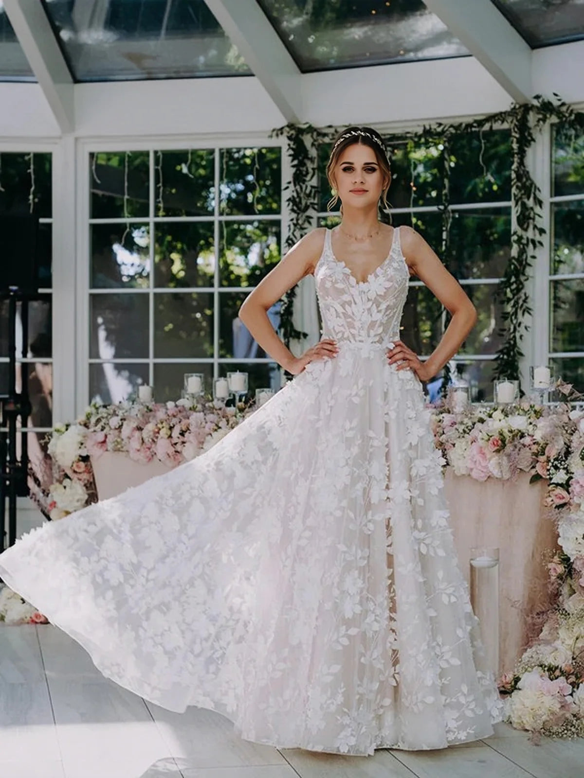 Floral V Neck Princess A Line Wedding Dress