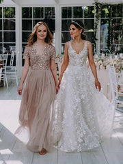 Floral V Neck Princess A Line Wedding Dress