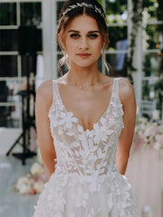 Floral V Neck Princess A Line Wedding Dress