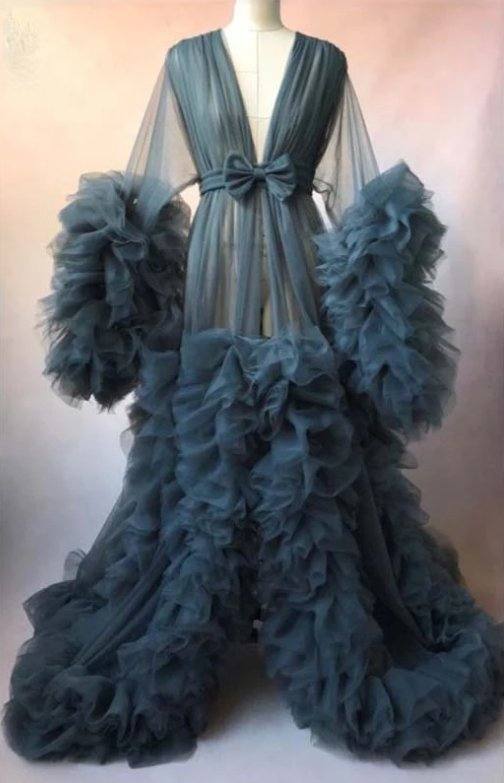 Fashion Ruffles Tulle Kimono Women Dress Robe Extra Puffy Prom Party Dresses Puffy Sleeves African Cape Cloak Pregnant Gowns - RongMoon