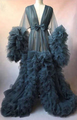 Fashion Ruffles Tulle Kimono Women Dress Robe Extra Puffy Prom Party Dresses Puffy Sleeves African Cape Cloak Pregnant Gowns - RongMoon