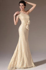 One-shoulder Evening Dresses Mermaid Lace Beaded Bow Long Formal Party Evening Gown Prom Dresses Robe De Soiree - RongMoon