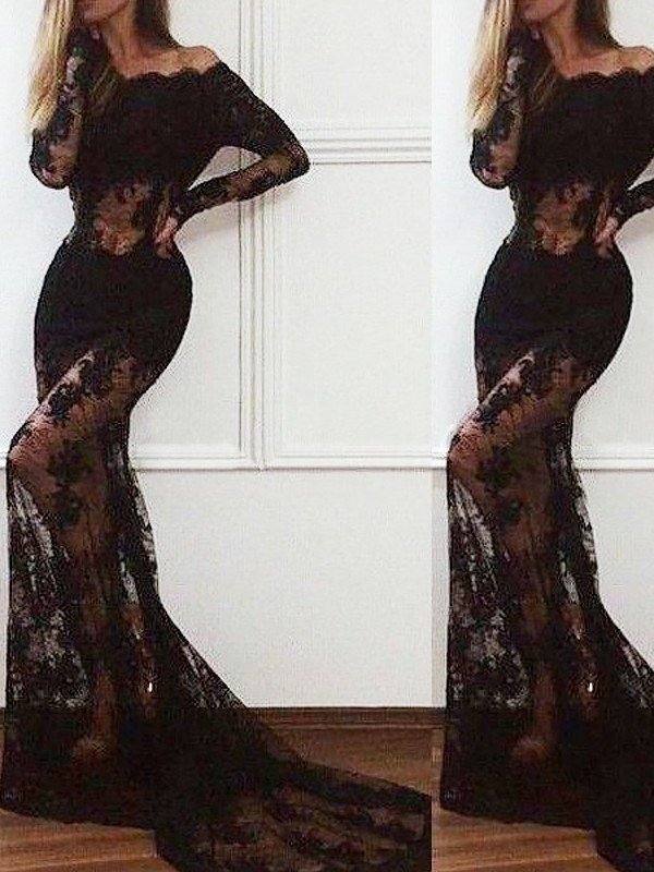 Trumpet/Mermaid Off-the-Shoulder Long Sleeves Sweep/Brush Train Lace Dresses - RongMoon