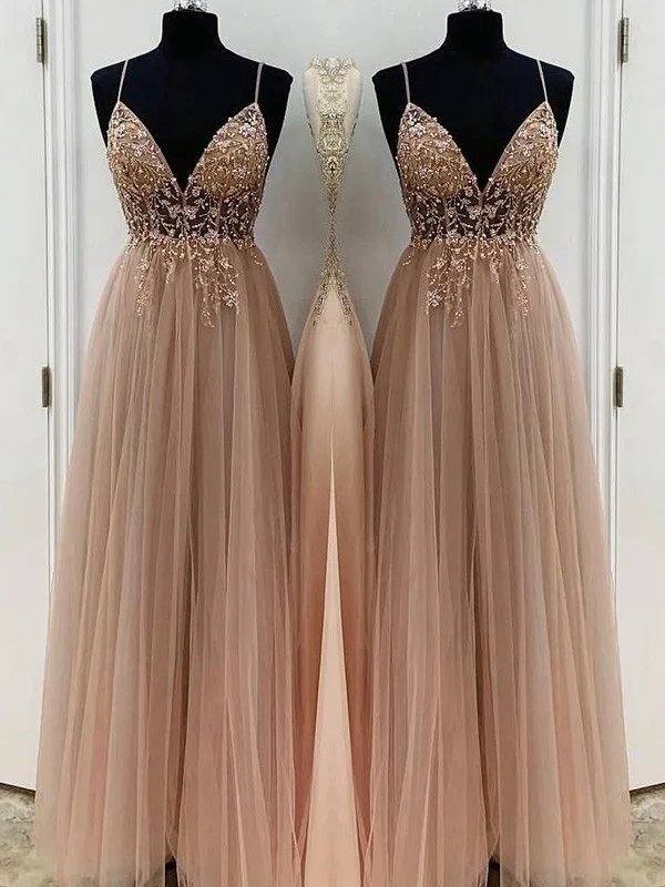 A-Line/Princess Beading Tulle Spaghetti Straps Sleeveless Floor-Length Dresses - RongMoon