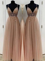 A-Line/Princess Beading Tulle Spaghetti Straps Sleeveless Floor-Length Dresses - RongMoon