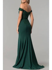 Mermaid / Trumpet Elegant Prom Formal Evening Dress Off Shoulder Short Sleeve Sweep / Brush Train Stretch Satin with Appliques - RongMoon