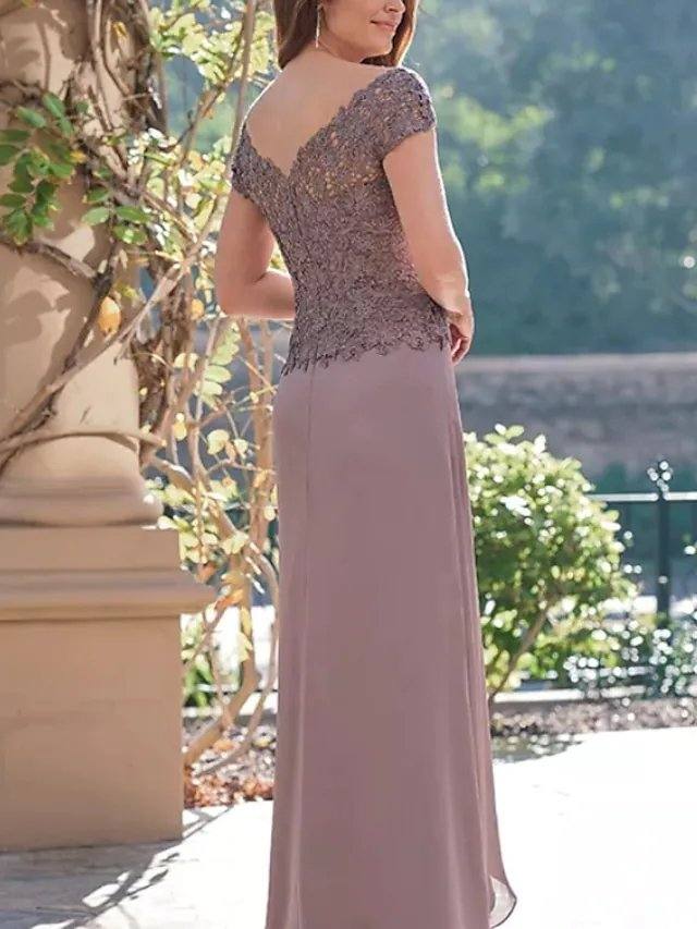 A-Line Mother of the Bride Dress Elegant Jewel Neck Floor Length Chiffon Lace Short Sleeve with Embroidery - RongMoon