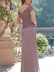 A-Line Mother of the Bride Dress Elegant Jewel Neck Floor Length Chiffon Lace Short Sleeve with Embroidery - RongMoon