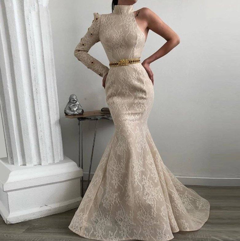 Lace Muslim Evening Dresses Mermaid One-shoulder Long Sleeves Beaded Islamic Dubai Saudi Arabic Long Formal Evening Gown - RongMoon