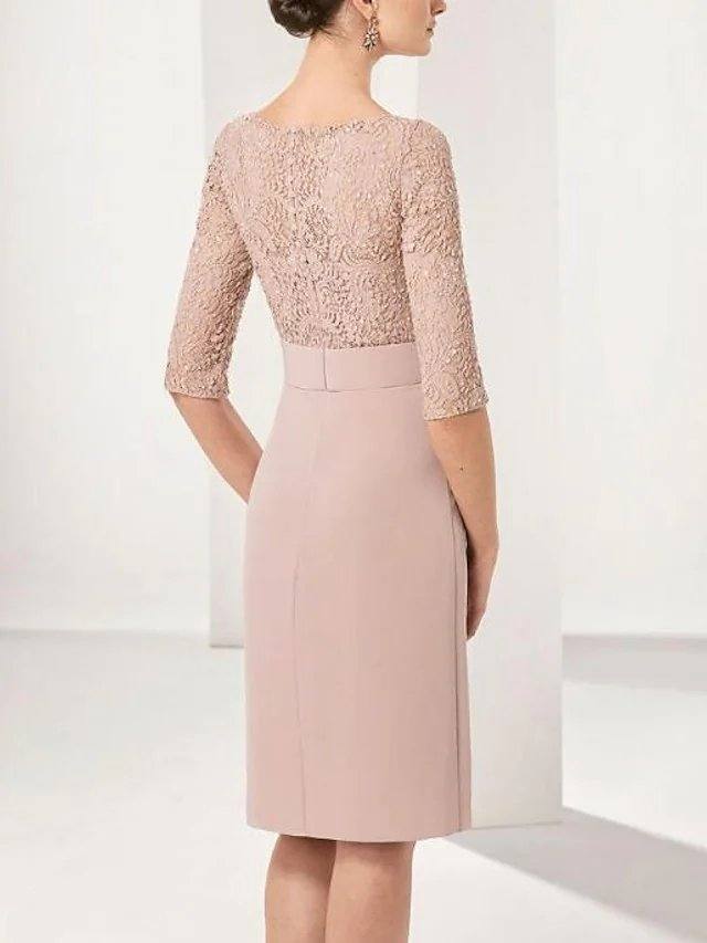 Sheath / Column Mother of the Bride Dress Sweet Jewel Neck Knee Length Chiffon Lace Half Sleeve with Side Draping - RongMoon