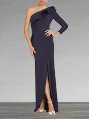 Sheath / Column Mother of the Bride Dress Elegant Sexy One Shoulder Floor Length Stretch Fabric Long Sleeve with Sash / Ribbon Ruffles Split Front - RongMoon