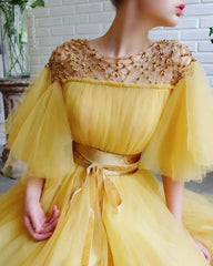 Scoop Beading A Line Yellow Tulle Cap Sleeves Prom Dress With Belt