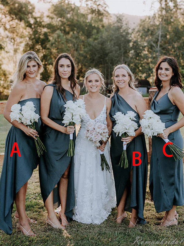 Mismatched Simple Spaghetti Straps One Shoulder Satin Long Bridesmaid Dresses, BG302