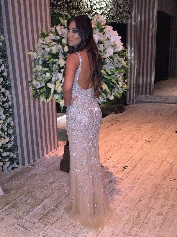 Trumpet/Mermaid Sleeveless V-neck Tulle Crystal Sweep/Brush Train Dresses - RongMoon