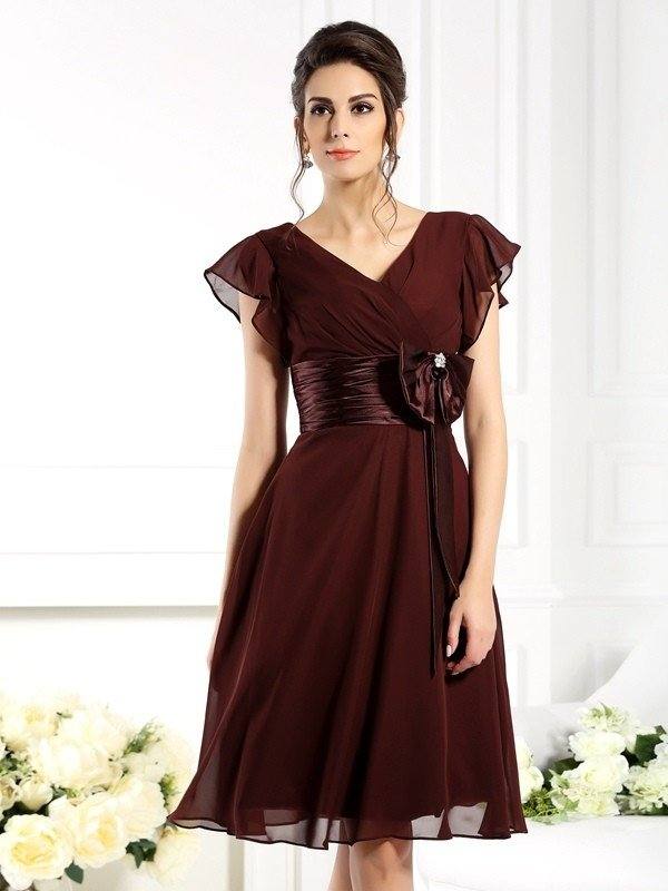 A-Line/Princess V-neck Bowknot Short Sleeves Short Chiffon Mother of the Bride Dresses - RongMoon