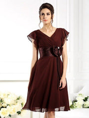 A-Line/Princess V-neck Bowknot Short Sleeves Short Chiffon Mother of the Bride Dresses - RongMoon