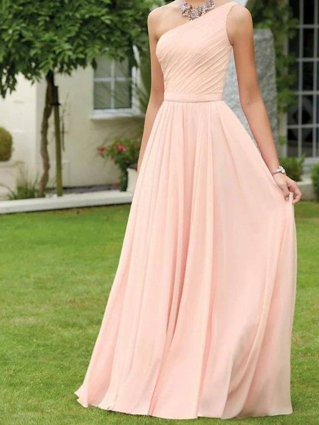 A-Line One Shoulder Floor Length Chiffon Bridesmaid Dress with Pleats - RongMoon