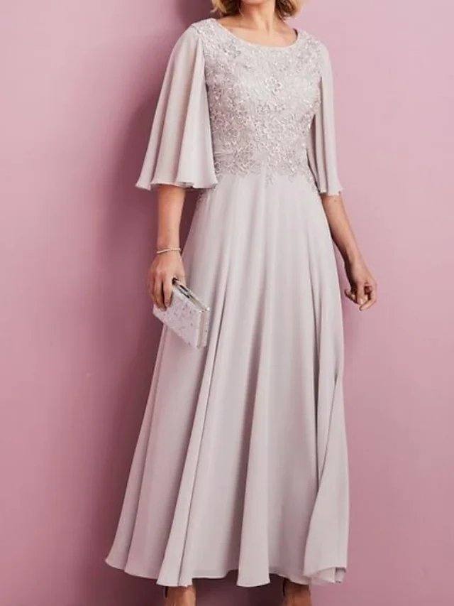 A-Line Mother of the Bride Dress Elegant Jewel Neck Ankle Length Chiffon Lace Half Sleeve with Pleats Embroidery - RongMoon