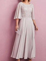 A-Line Mother of the Bride Dress Elegant Jewel Neck Ankle Length Chiffon Lace Half Sleeve with Pleats Embroidery - RongMoon