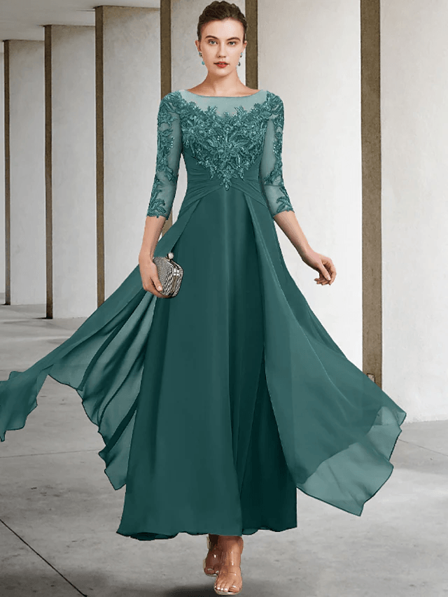 A-Line Mother of the Bride Dress Wedding Guest Plus Size Elegant Jewel Neck Ankle Length Chiffon Lace - RongMoon