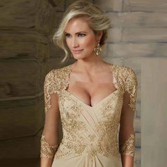 Champagne Mother Of The Bride Dresses A-line V-neck 3/4 Sleeves Chiffon Appliques Beaded Long Groom Mother Dresses For Wedding - RongMoon