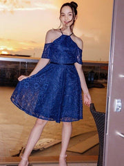A-Line/Princess Lace Ruffles Halter Short Sleeves Knee-Length Flower Girl Dresses - RongMoon