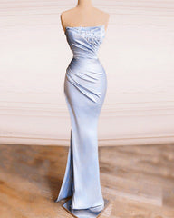 Strapless Split Appliques Sheath Satin Dress
