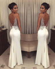 Ivory Mermaid Prom Dresses Appliques Open Back