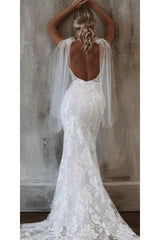 Sexy Mermaid Deep V Neck Lace Wedding Dress