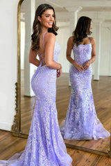 Lavender Tulle Trumpet Mermaid Backless Prom Dress