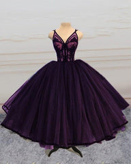 Ball Gown Midi Prom Dresses V Neck Lace Appliques - RongMoon