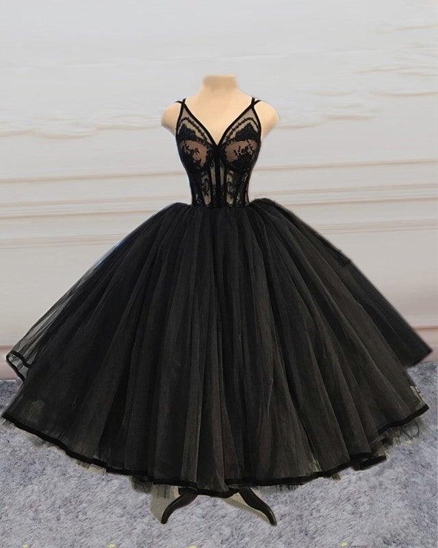Ball Gown Midi Prom Dresses V Neck Lace Appliques - RongMoon