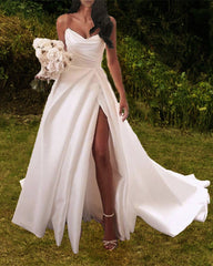 Sexy Beach Wedding Dress Satin Split Strapless